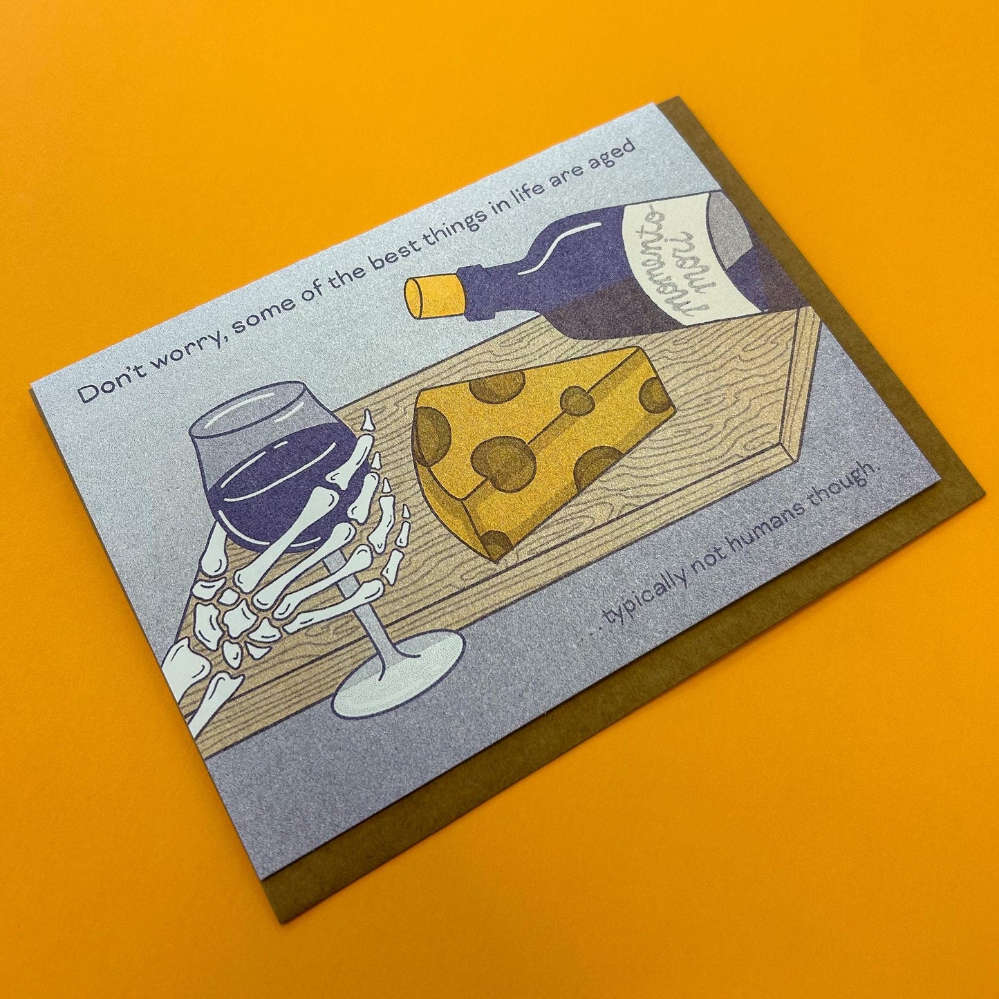 Aged Wine & Cheese Skeleton Snarky Birthday Risograph Greeting Card