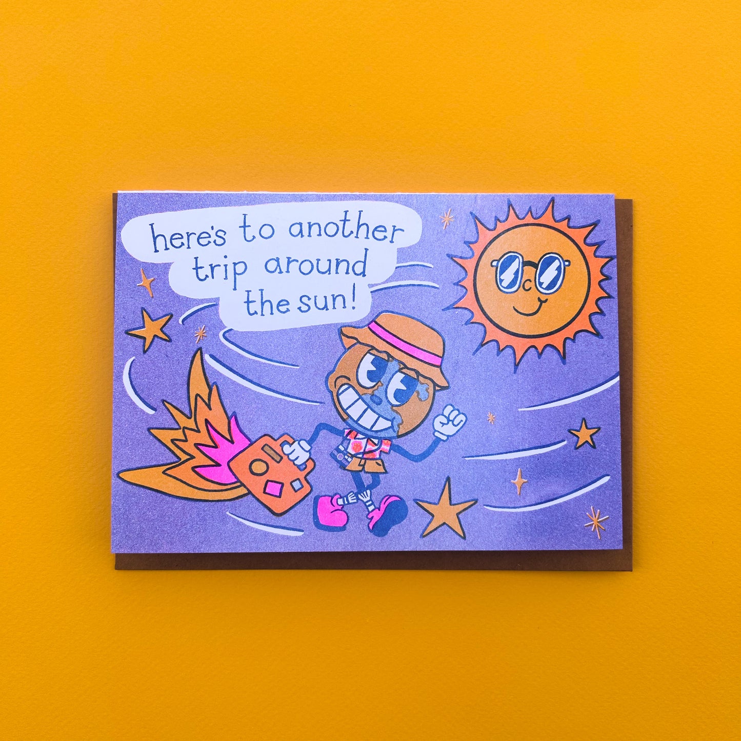 Another Year Around the Sun Retro Cartoon Birthday Risograph Greeting Card