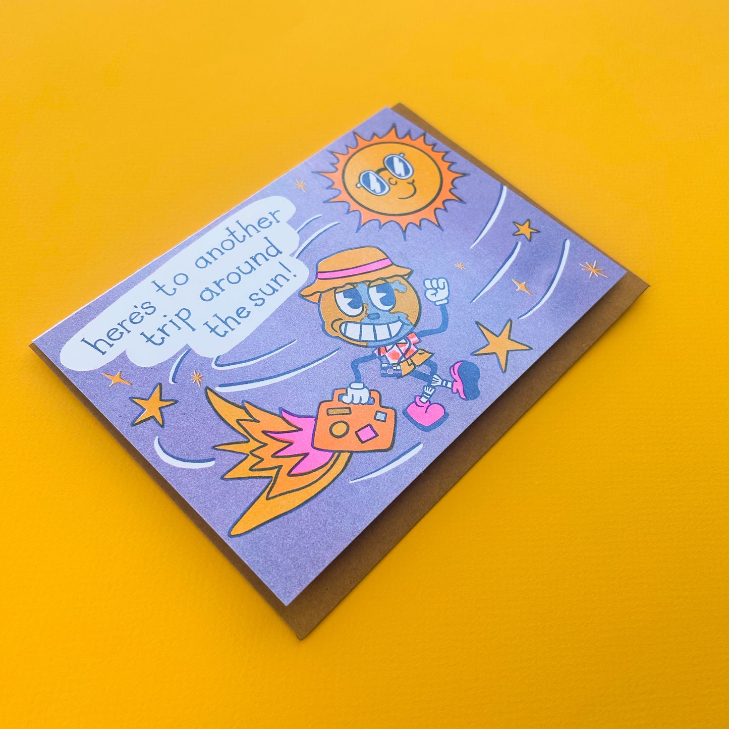 Another Year Around the Sun Retro Cartoon Birthday Risograph Greeting Card