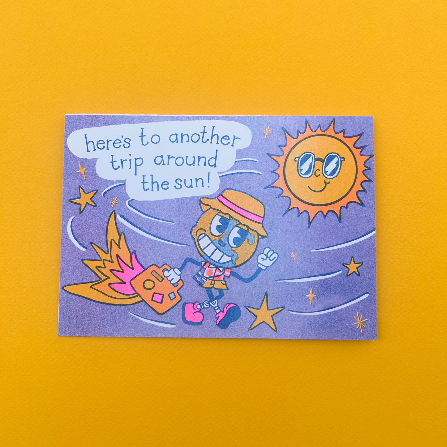 Another Year Around the Sun Retro Cartoon Birthday Risograph Greeting Card