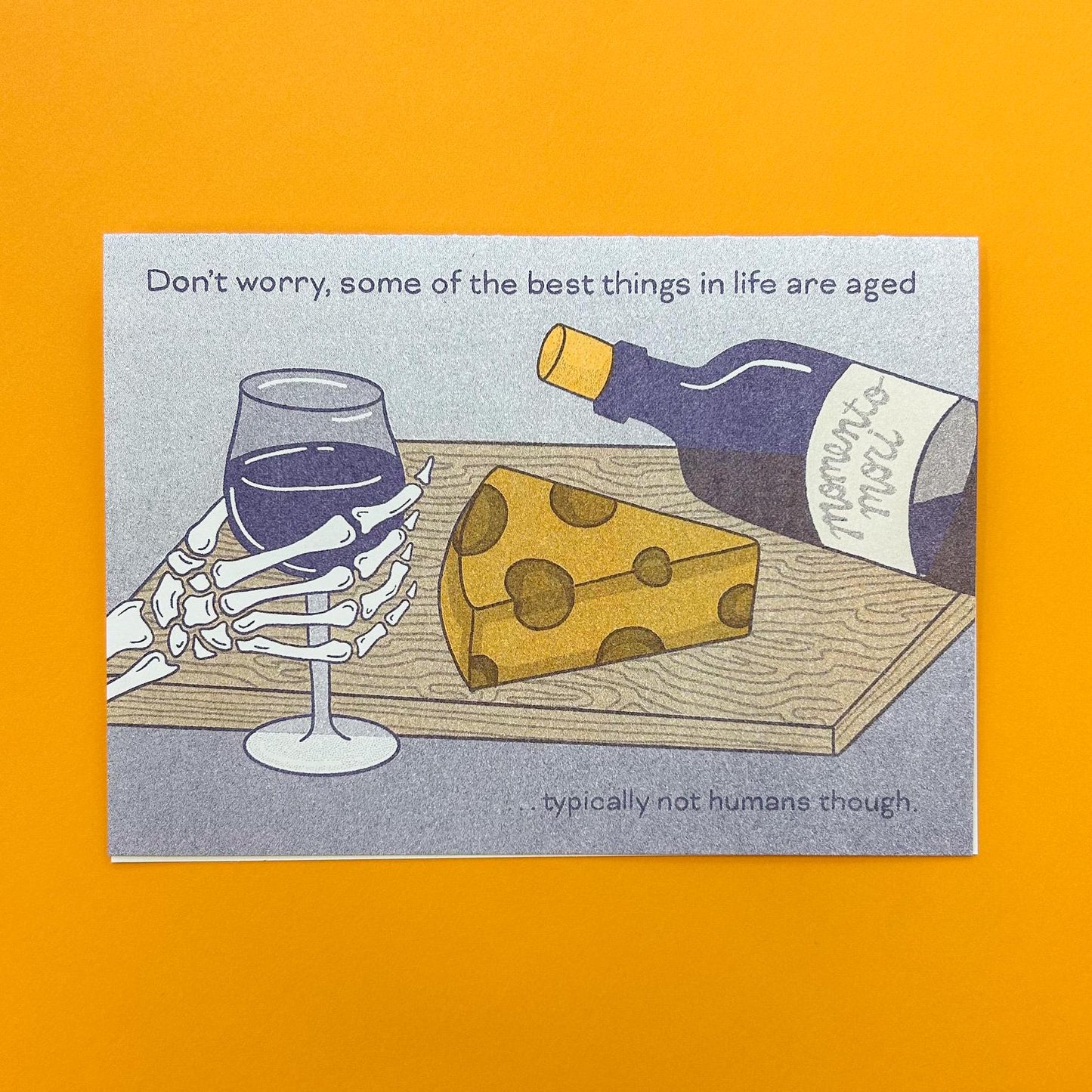 Aged Wine & Cheese Skeleton Snarky Birthday Risograph Greeting Card
