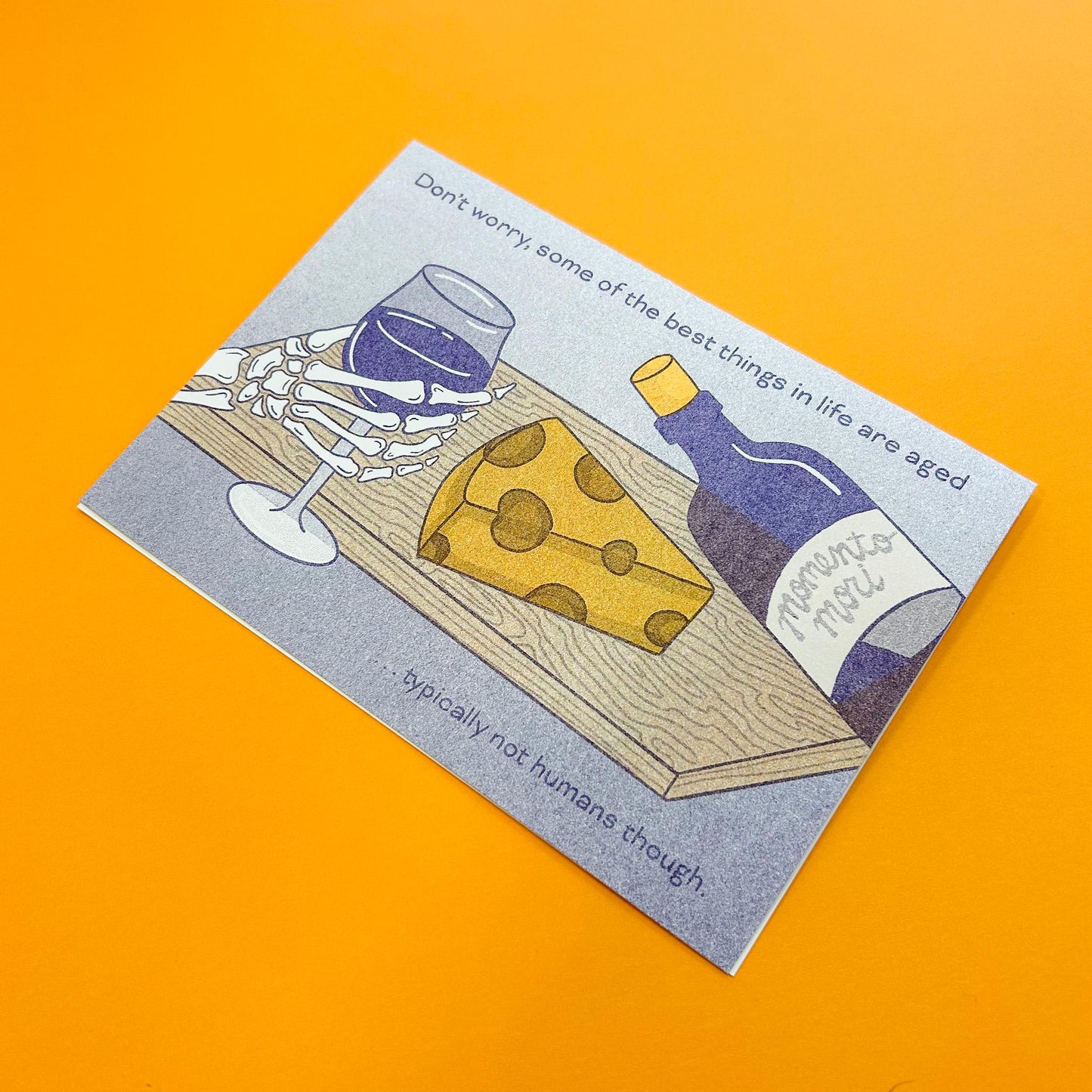 Aged Wine & Cheese Skeleton Snarky Birthday Risograph Greeting Card