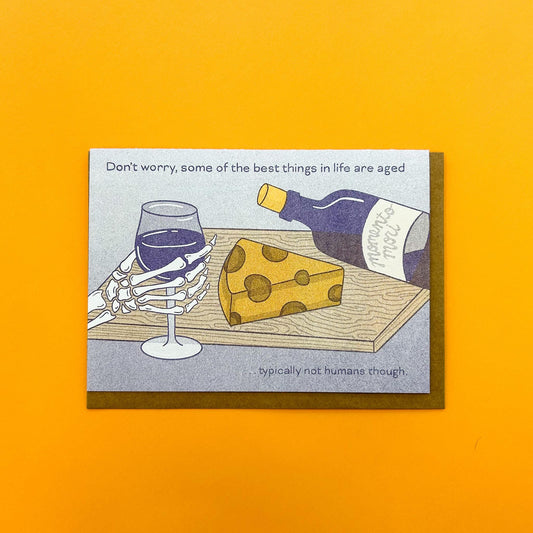 Aged Wine & Cheese Skeleton Snarky Birthday Risograph Greeting Card