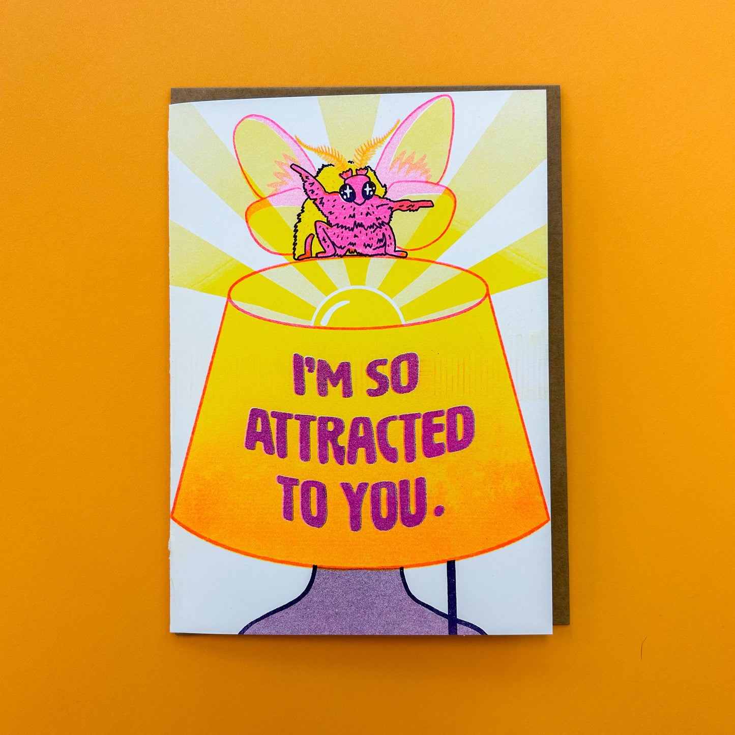 I'm So Attracted To You Rosy Maple Moth Lamp Risograph Greeting Card